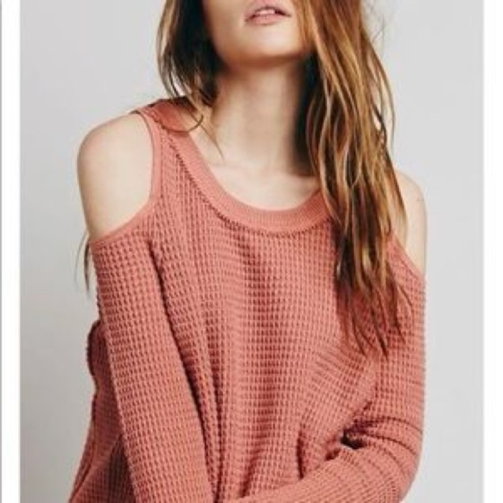 Free People Sunrise Sunset Thermal Knit Cold Shoulder Cotton Sweater Terracotta